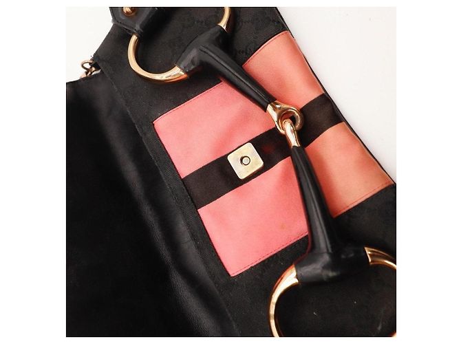 Borsa a tracolla Gucci in tela monogram e seta a righe Nero Rosa - vista 9