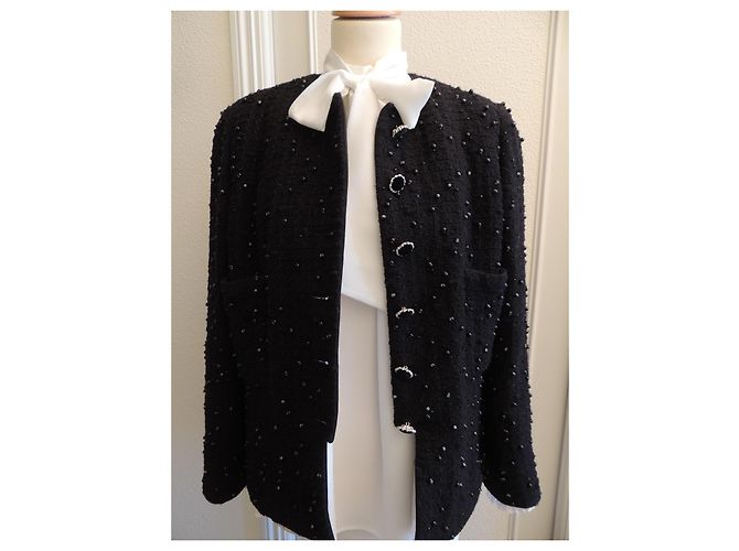 Chanel Tweedjacke Schwarz CC-Logo Perlen Größe 44 - Ansicht 13