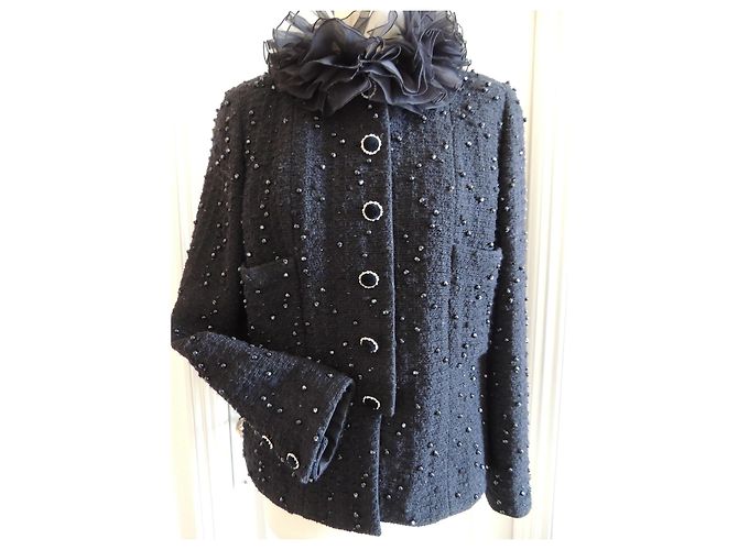 Chanel Tweedjacke Schwarz CC-Logo Perlen Größe 44 - Ansicht 2