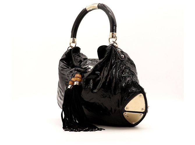 Bamboo Borsa Hobo Gucci in pelle verniciata nera con nappina in bambù Nero - vista 2