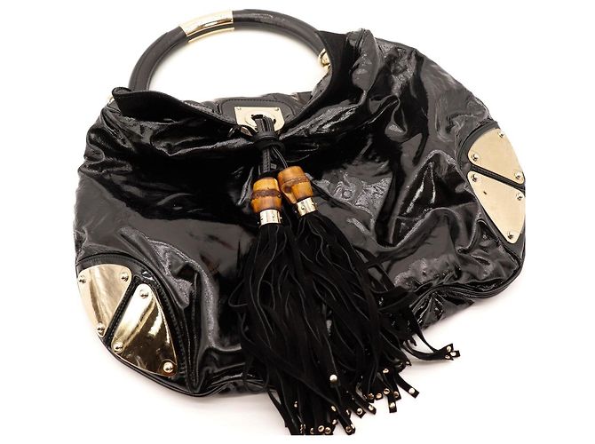 Bamboo Borsa Hobo Gucci in pelle verniciata nera con nappina in bambù Nero - vista 6
