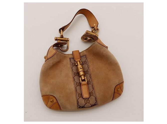 Gucci Jackie Hobo Bag in Beige Suede and Monogram Canvas Brown - view 6