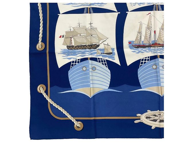 Silk In Hermès Foulard Hermes Carre 90 Grand Largue Bianco Blu - vista 6
