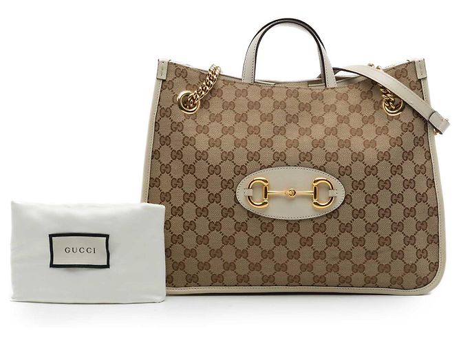 Borsa Tote Gucci Beige Medium GG Canvas Horsebit 1955 con catena - vista 7
