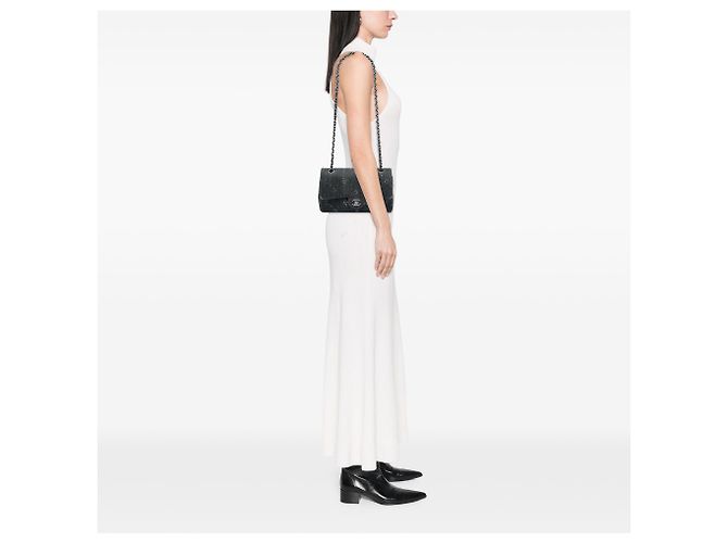 Chanel Black Medium Classic Printed Denim Double Flap Nero - vista 5