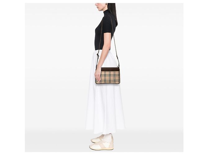 Borsa a tracolla Burberry Beige House Check Canvas - vista 6