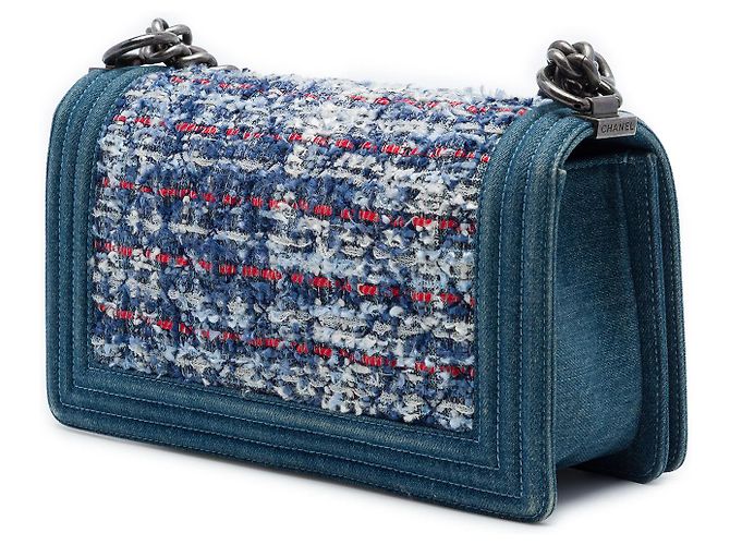 Chanel Blue Old Medium Quilted Denim and Tweed Boy Flap Azul - vista 2