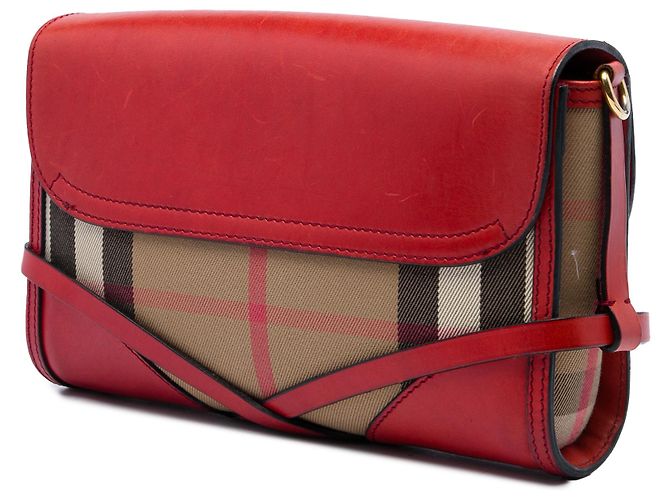 Burberry Red Leather and House Check Canvas Bridle Abbott Crossbody - view 2