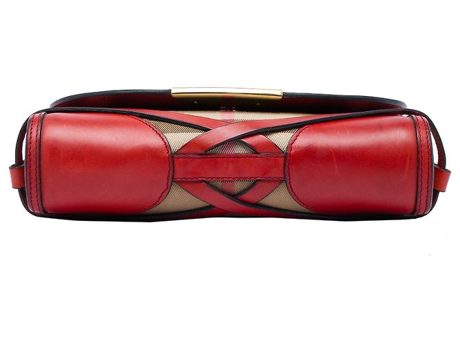 Burberry Red Leather and House Check Canvas Bridle Abbott Crossbody - view 3