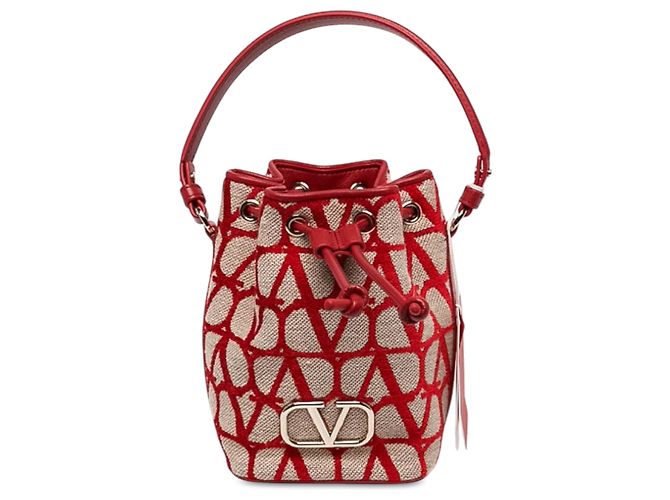 Mini borsa secchiello Valentino VLogo Iconographe in tela beige - vista 6