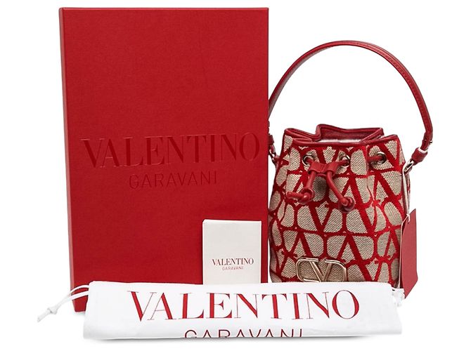 Mini borsa secchiello Valentino VLogo Iconographe in tela beige - vista 8