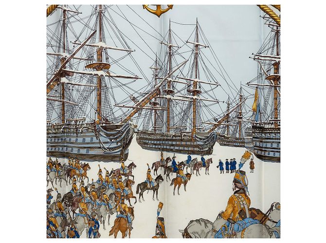 Foulard di seta Hermès White Marine et Cavalerie 90 Bianco - vista 9
