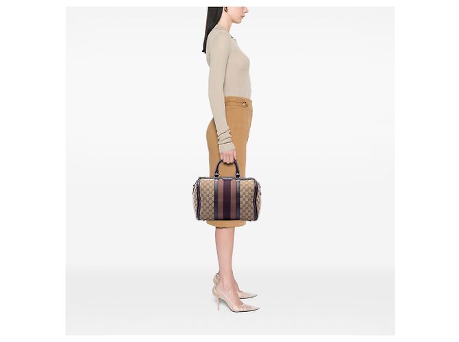 Gucci Joy Boston Bag Medium aus beigem GG Canvas mit Web-Streifen - Ansicht 6