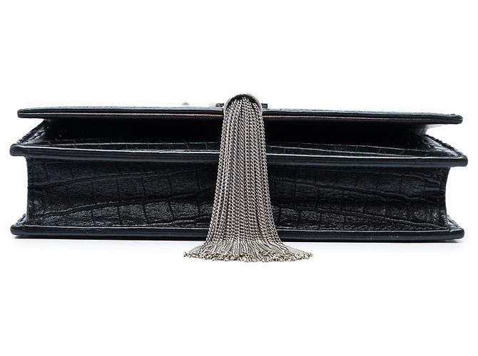 Autre Marque Saint Laurent Cartera con cadena Monogram Kate con borla en piel grabada efecto cocodrilo negro - vista 3
