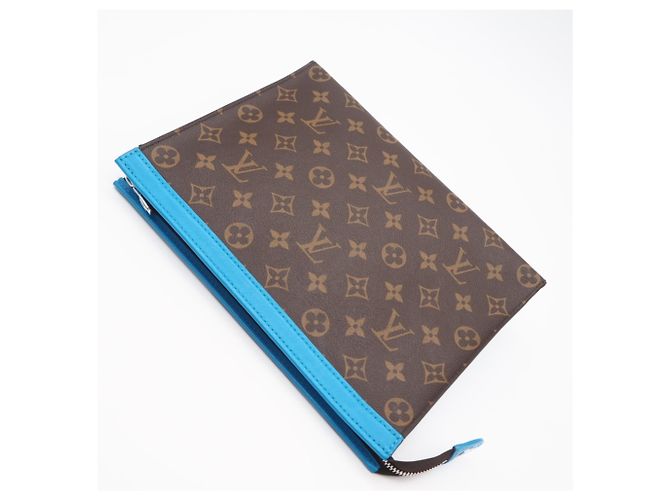 Louis Vuitton Monogram Macassar Pochette Voyage Clutch Bag Marron Bleu Beige - vue 2