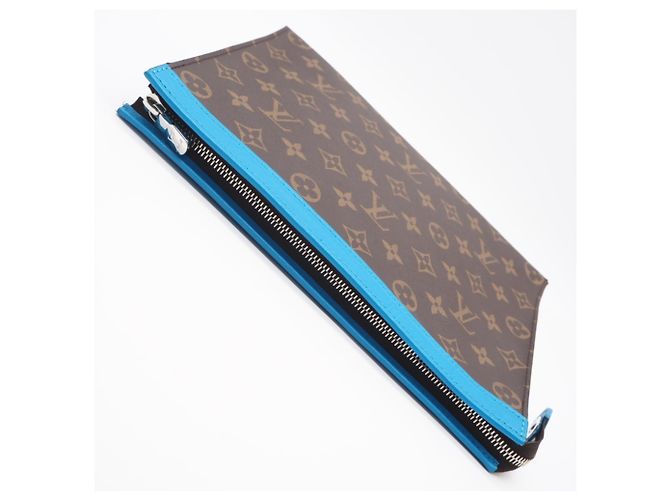 Louis Vuitton Monogram Macassar Pochette Voyage Clutch Bag Marron Bleu Beige - vue 5