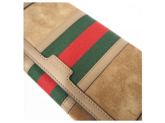 Gucci Suede Web Leather Zip-Around Wallet Brown Red Green - view 4