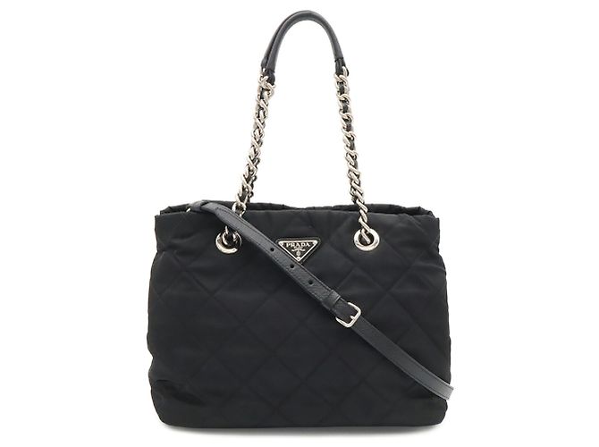 Prada Tessuto Schultertasche mit Kette und Dreieck Schwarz - Ansicht 2