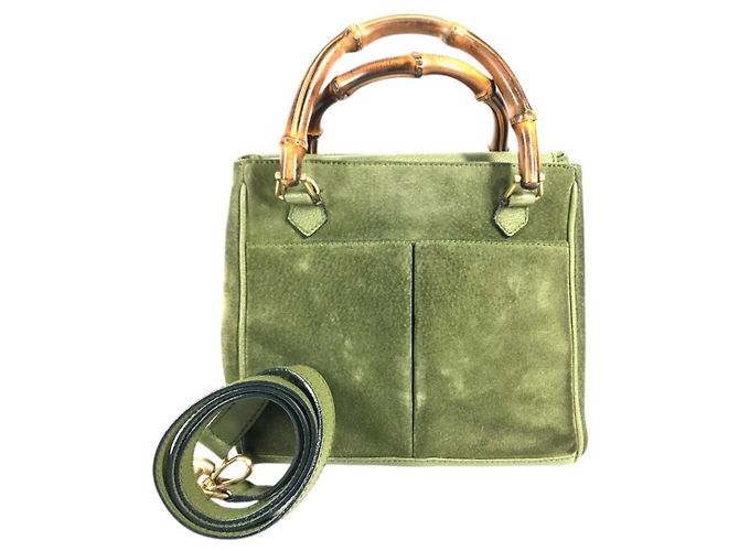 Borsa a spalla Gucci Vintage Bamboo in camoscio Verde - vista 3