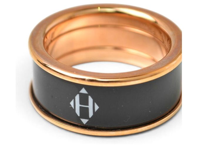 Hermès Anel Hermes Uni MM H Diamant Band Ring Preto Dourado - vista 2