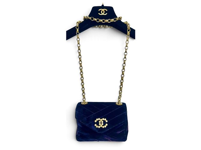 Chanel Mini Square Chevron Classic Flap Bag marineblauer Samt - Ansicht 4