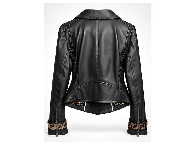 Fendi Giacca Biker in Pelle Nera e Velluto Zucca Marrone Nero - vista 2