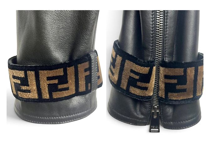 Fendi Giacca Biker in Pelle Nera e Velluto Zucca Marrone Nero - vista 3