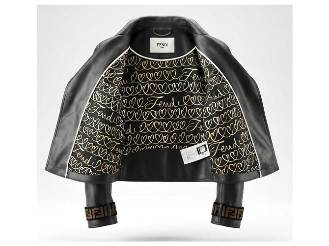 Fendi Giacca Biker in Pelle Nera e Velluto Zucca Marrone Nero - vista 5