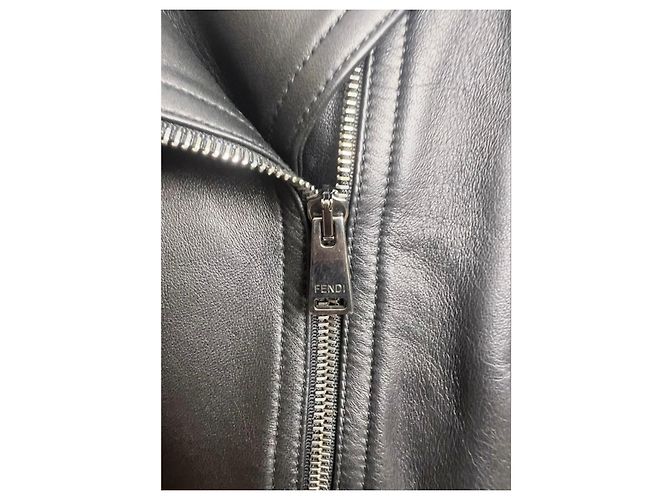 Fendi Giacca Biker in Pelle Nera e Velluto Zucca Marrone Nero - vista 6