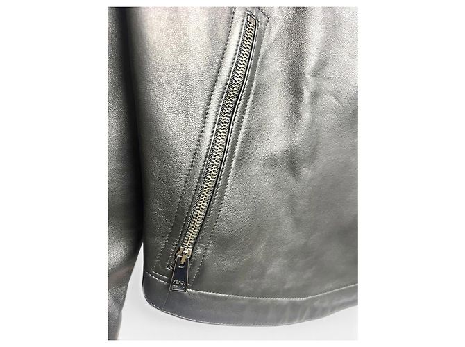 Fendi Giacca Biker in Pelle Nera e Velluto Zucca Marrone Nero - vista 7