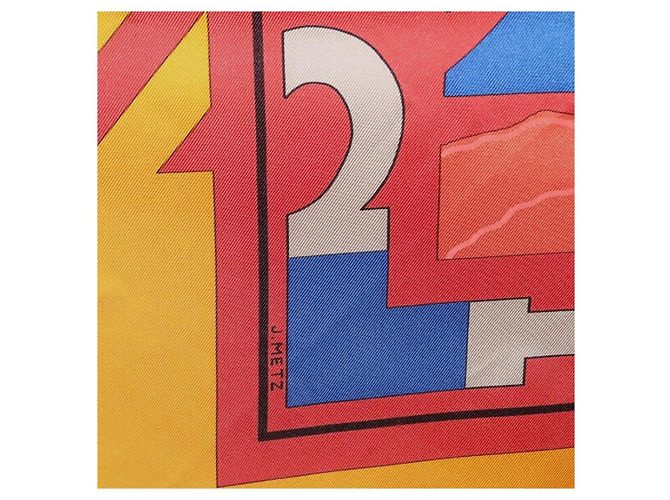 Hermès Pañuelo HERMES Carre 90 "PUZZLE" Seda Naranja Auth 206427M - vista 13