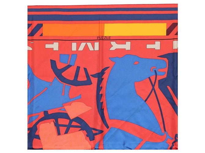 Hermès Pañuelo HERMES Carre 90 "PUZZLE" Seda Naranja Auth 206427M - vista 3