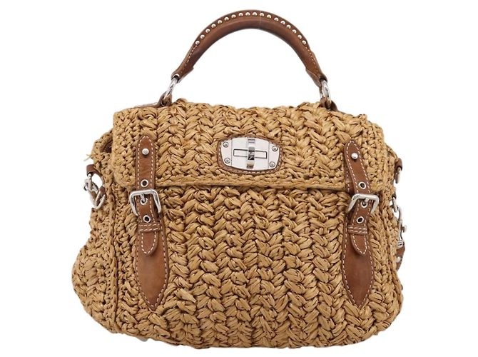 Borsa a Mano Miu Miu Raffia 2way Brown Silver Auth 167658M Marrone Argento - vista 13