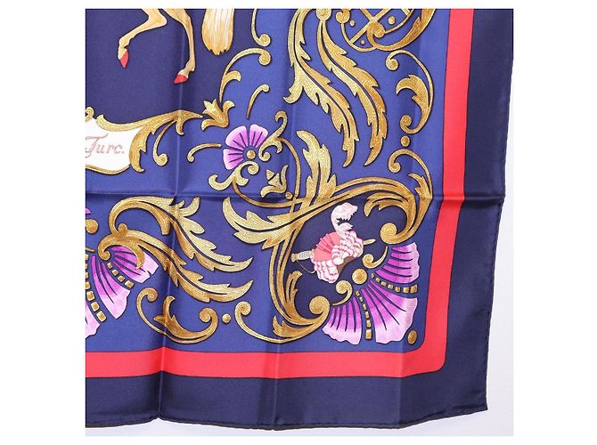 Hermès Pañuelo HERMES Carre 90 Seda Azul Rojo "Cheval Jurc." Auth ki6866M Roja - vista 10