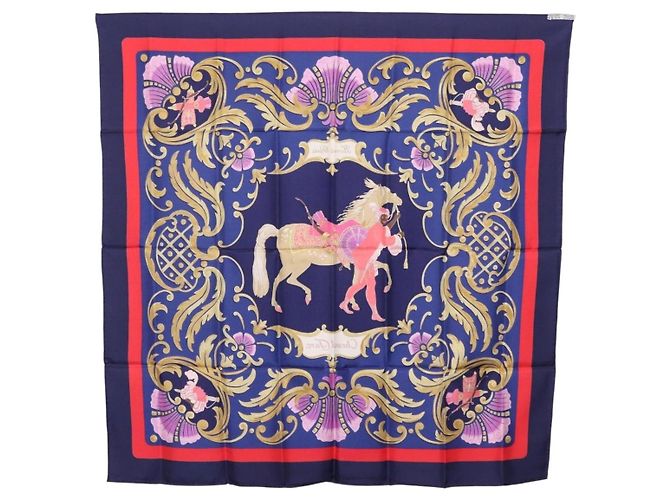Hermès Pañuelo HERMES Carre 90 Seda Azul Rojo "Cheval Jurc." Auth ki6866M Roja - vista 14