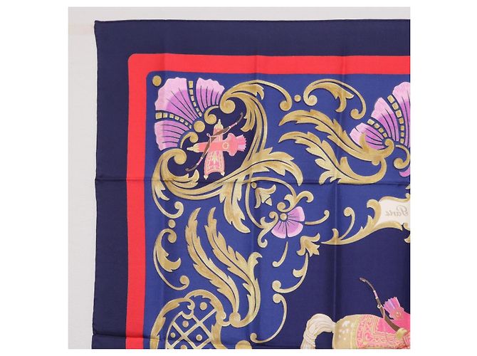 Hermès Pañuelo HERMES Carre 90 Seda Azul Rojo "Cheval Jurc." Auth ki6866M Roja - vista 15