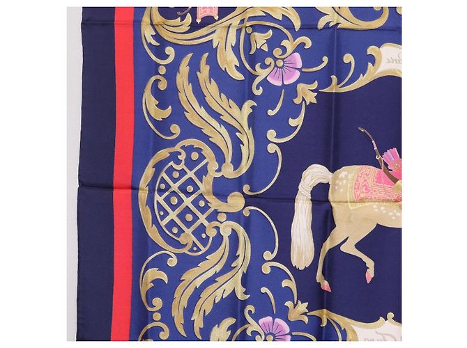 Hermès Pañuelo HERMES Carre 90 Seda Azul Rojo "Cheval Jurc." Auth ki6866M Roja - vista 18