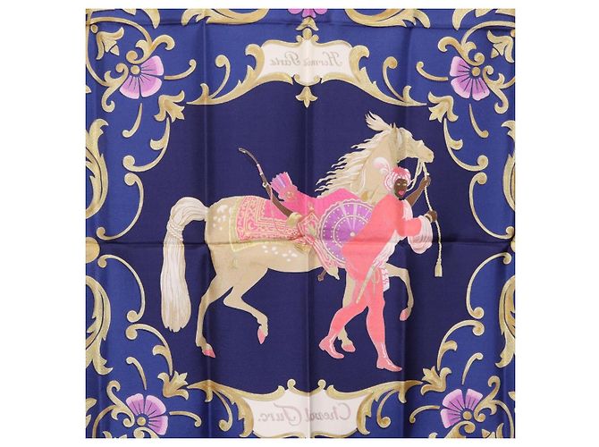 Hermès Pañuelo HERMES Carre 90 Seda Azul Rojo "Cheval Jurc." Auth ki6866M Roja - vista 19