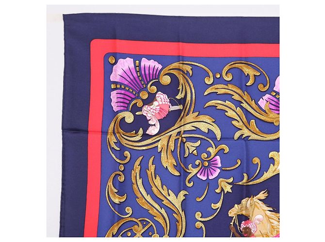 Hermès Pañuelo HERMES Carre 90 Seda Azul Rojo "Cheval Jurc." Auth ki6866M Roja - vista 2