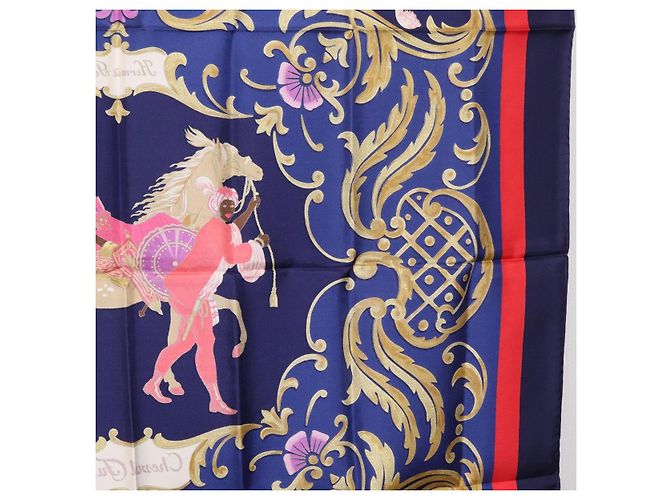 Hermès Pañuelo HERMES Carre 90 Seda Azul Rojo "Cheval Jurc." Auth ki6866M Roja - vista 20