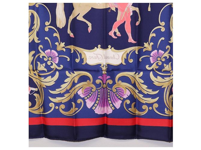 Hermès Pañuelo HERMES Carre 90 Seda Azul Rojo "Cheval Jurc." Auth ki6866M Roja - vista 22
