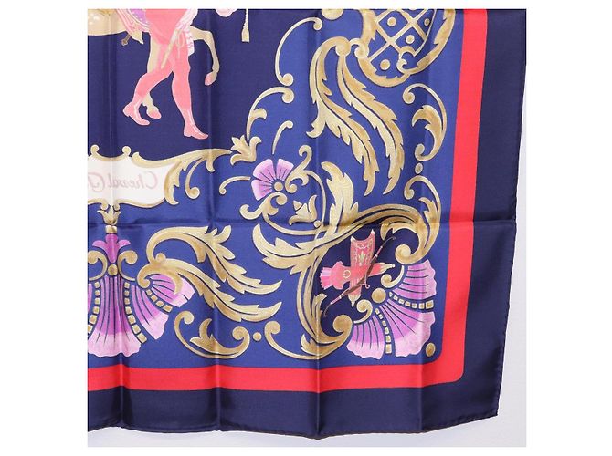 Hermès Pañuelo HERMES Carre 90 Seda Azul Rojo "Cheval Jurc." Auth ki6866M Roja - vista 23