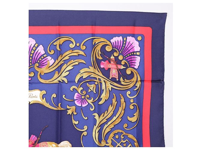 Hermès Pañuelo HERMES Carre 90 Seda Azul Rojo "Cheval Jurc." Auth ki6866M Roja - vista 4