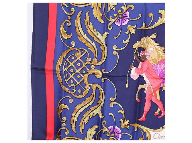 Hermès Pañuelo HERMES Carre 90 Seda Azul Rojo "Cheval Jurc." Auth ki6866M Roja - vista 5