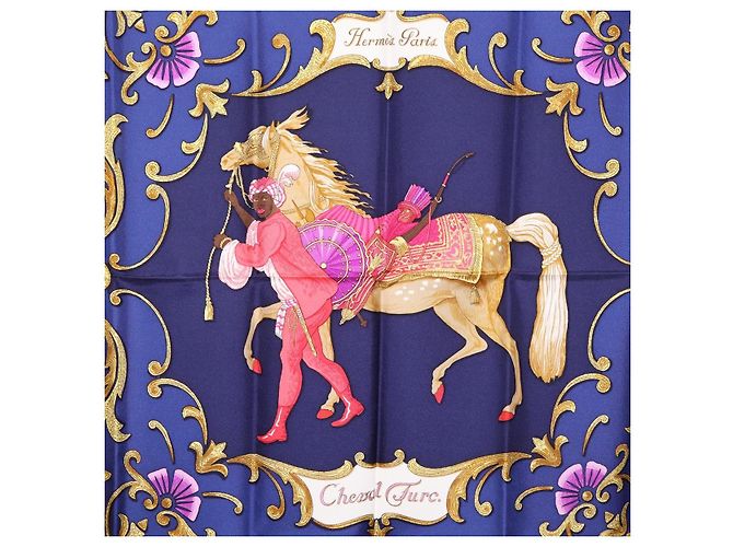 Hermès Pañuelo HERMES Carre 90 Seda Azul Rojo "Cheval Jurc." Auth ki6866M Roja - vista 6