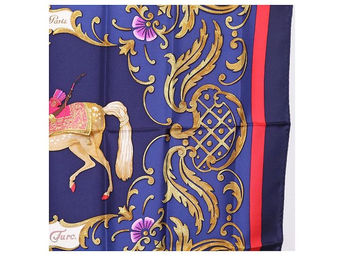 Hermès Pañuelo HERMES Carre 90 Seda Azul Rojo "Cheval Jurc." Auth ki6866M Roja - vista 7