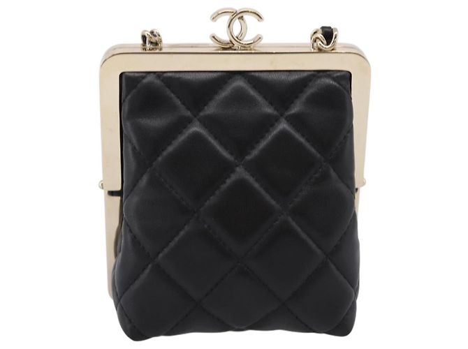 CHANEL Pochette a catena in pelle d'agnello nera dettagli dorati CC Auth 206662SAV Nero - vista 13