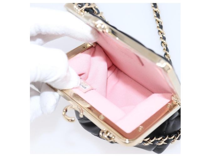 CHANEL Pochette a catena in pelle d'agnello nera dettagli dorati CC Auth 206662SAV Nero - vista 19