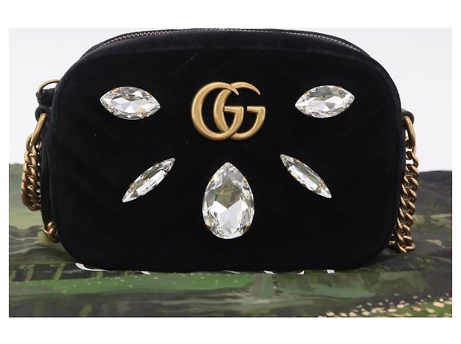 Borsa a Tracolla con Catena GUCCI GG Marmont Velluto Nero Tono Oro 448065 Auth LN060V - vista 12
