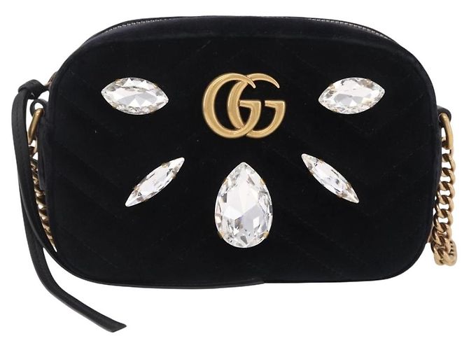 Borsa a Tracolla con Catena GUCCI GG Marmont Velluto Nero Tono Oro 448065 Auth LN060V - vista 13
